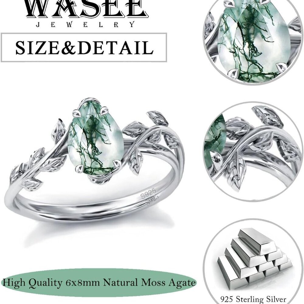Natural Moss Agate Ring 925 Sterling Silver Opal Birthstone Ring 925 Sterling Si - Picture 6 of 6